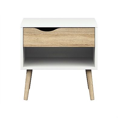 Modern Mid Century Style End Table Nightstand In White & Oak Finish