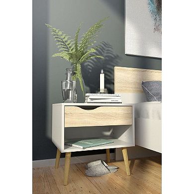 Modern Mid Century Style End Table Nightstand In White & Oak Finish