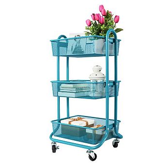 Designa Metal Utility Cart, 3 tier Mesh Rolling Storage Cart With Handle And Lockable Wheels