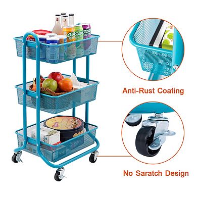 Designa Metal Utility Cart, 3 Tier Mesh Rolling Storage Cart With Handle And Lockable Wheels