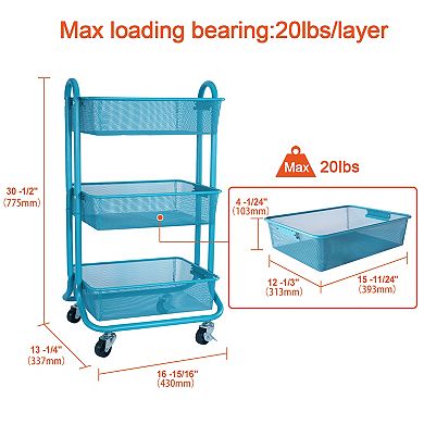 Designa Metal Utility Cart, 3 Tier Mesh Rolling Storage Cart With Handle And Lockable Wheels