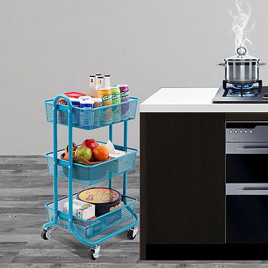 Designa Metal Utility Cart, 3 Tier Mesh Rolling Storage Cart With Handle And Lockable Wheels