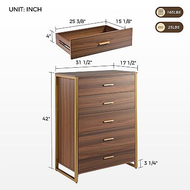31" Chest Five-drawers Dresser Accent Cabinet In Walnut