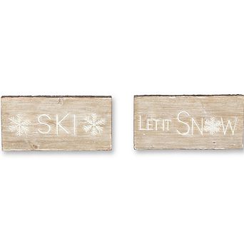 Wood Ski And Snow Sentiment Block With White Washed Design (set Of 2)
