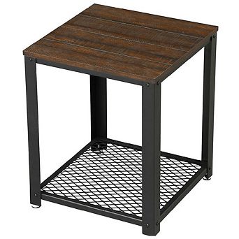Modern Industrial Metal Wood Nightstand Side Table With Mesh Shelf
