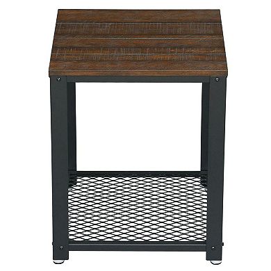 Modern Industrial Metal Wood Nightstand Side Table With Mesh Shelf