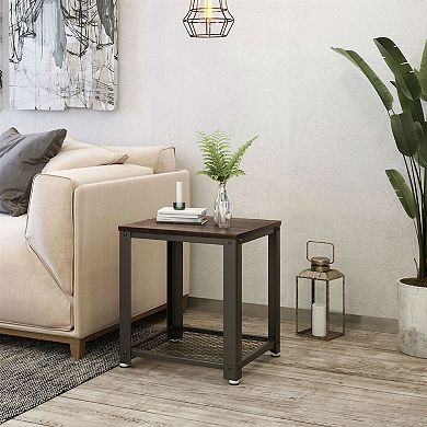 Modern Industrial Metal Wood Nightstand Side Table With Mesh Shelf