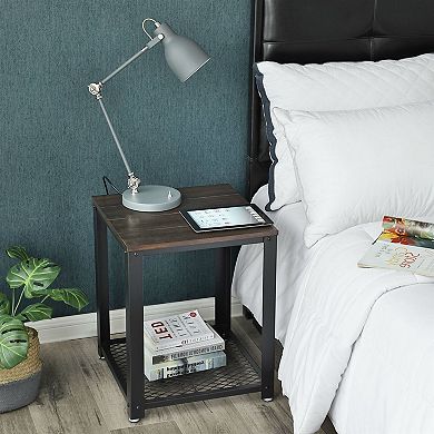 Modern Industrial Metal Wood Nightstand Side Table With Mesh Shelf