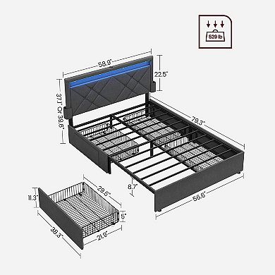 Led Bed Frame With Headboard And 4 Drawers, 1 Usb Port And 1 Type C Port