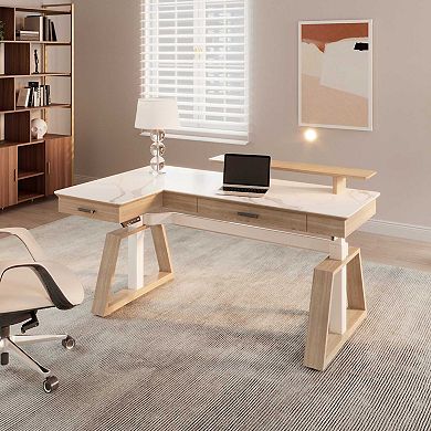 Ark, 63x23 L Shaped Slate Standing Desk With Two-drawer, Left Side/white