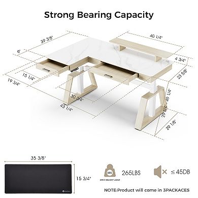 Ark, 63x23 L Shaped Slate Standing Desk With Two-drawer, Left Side/white