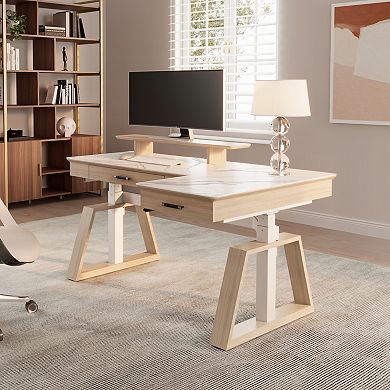 Ark, 63x23 L Shaped Slate Standing Desk With Two-drawer, Right Side/white