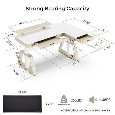 Ark, 63x23 L Shaped Slate Standing Desk With Two-drawer, Right Side/white