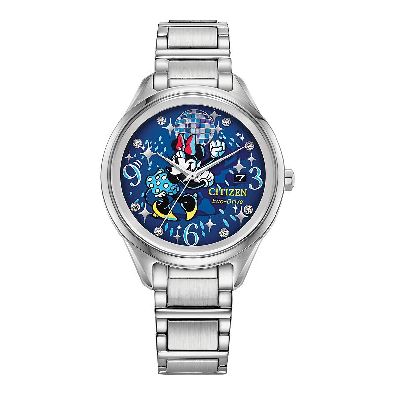 Citizen Women's Eco-Drive Disney's Minnie Mouse Dancing Minnie Stainless Steel Crystal Accent Blue Dial Bracelet Watch, Size: Medium, Gold Silver