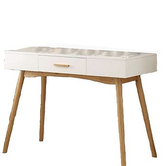 Modern Laptop Writing Desk In White With Natural Mid-century Style Legs