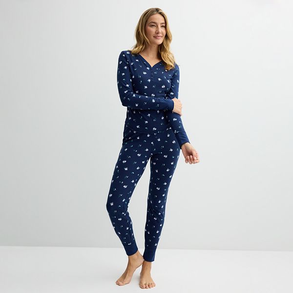 Women's Sonoma Goods For Life® 2-pc. Thermal Pajama Top & Pajama Bottoms Set - Navy Flowers (S LONG)