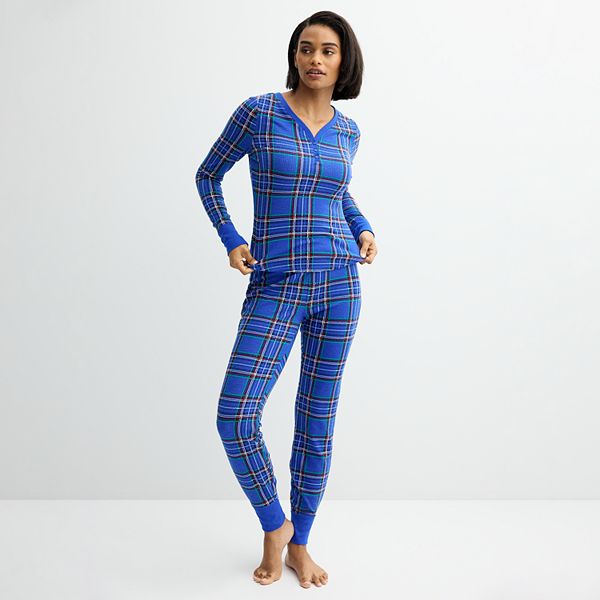 Women's Sonoma Goods For Life® 2-pc. Thermal Pajama Top & Pajama Bottoms Set - Plaid Blue Check (X SMALL)