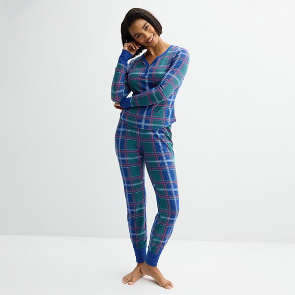 Women's Sonoma Goods For Life® 2-pc. Thermal Pajama Top & Pajama Bottoms Set - Plaid Check Green (L LONG)