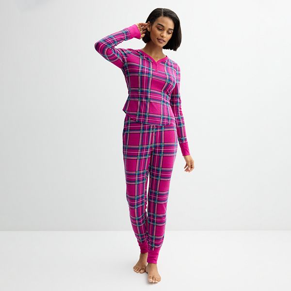 Women's Sonoma Goods For Life® 2-pc. Thermal Pajama Top & Pajama Bottoms Set - Plaid Check Violet (SMALL)