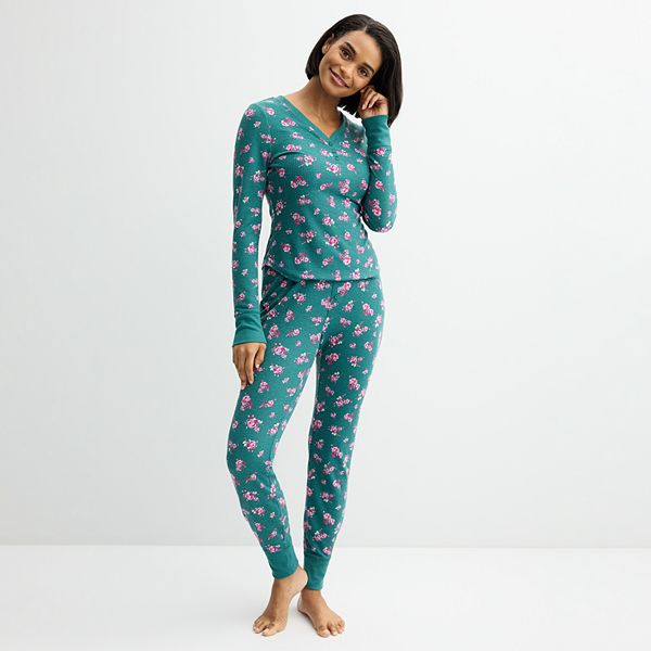 Women's Sonoma Goods For Life® 2-pc. Thermal Pajama Top & Pajama Bottoms Set - Roses With Green (XS LONG)