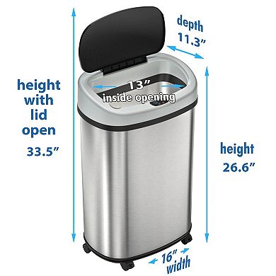 13 Gallon / 50 Liter Stainless Steel Oval Motion Sensor Trash Can For Kitchen, With Wheels