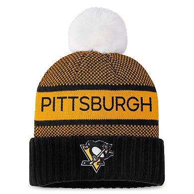 Women's Fanatics Branded Black/Gold Pittsburgh Penguins Authentic Pro Rink Cuffed Knit Hat with Pom