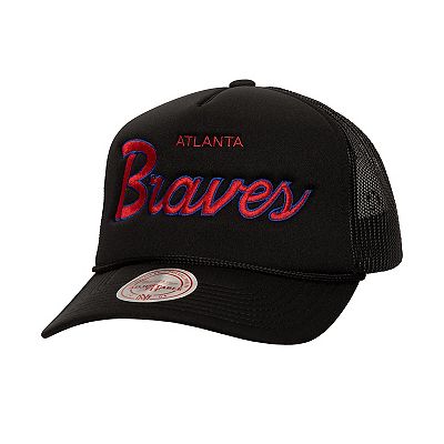 Men s Mitchell Ness Black Atlanta Braves Script Trucker Adjustable Hat