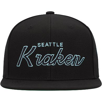 Men's Mitchell & Ness Black Seattle Kraken Core Team Script 2.0 Snapback Hat