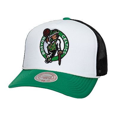 Men's Mitchell & Ness White Boston Celtics Hardwood Classics Blocker Foam Front Trucker Snapback Hat