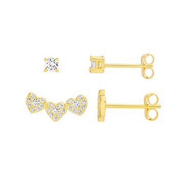 petit cheris Kids' 14k Gold over Sterling Silver Triple Cubic Zirconia Heart Crawlers & Studs Earring Duo Set