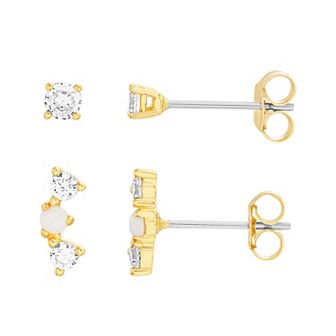petit cheris Kids' 14k Gold Over Silver Lab-Created White Opal Crawler & Cubic Zirconia Stud Earring Duo Set
