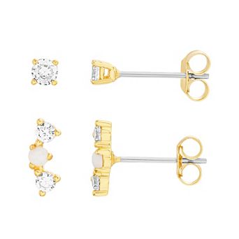 petit cheris Kids' 14k Gold Over Silver Lab-Created White Opal Crawler & Cubic Zirconia Stud Earring Duo Set