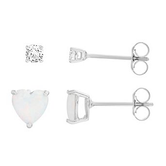 petit cheris Kids' Sterling Silver Lab Created White Opal Heart Studs and Cubic Zirconia Studs Earring Set