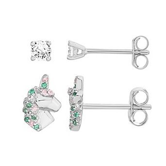 petit cheris Kids' Sterling Silver Cubic Zirconia Unicorn and Stud Earring Duo Set