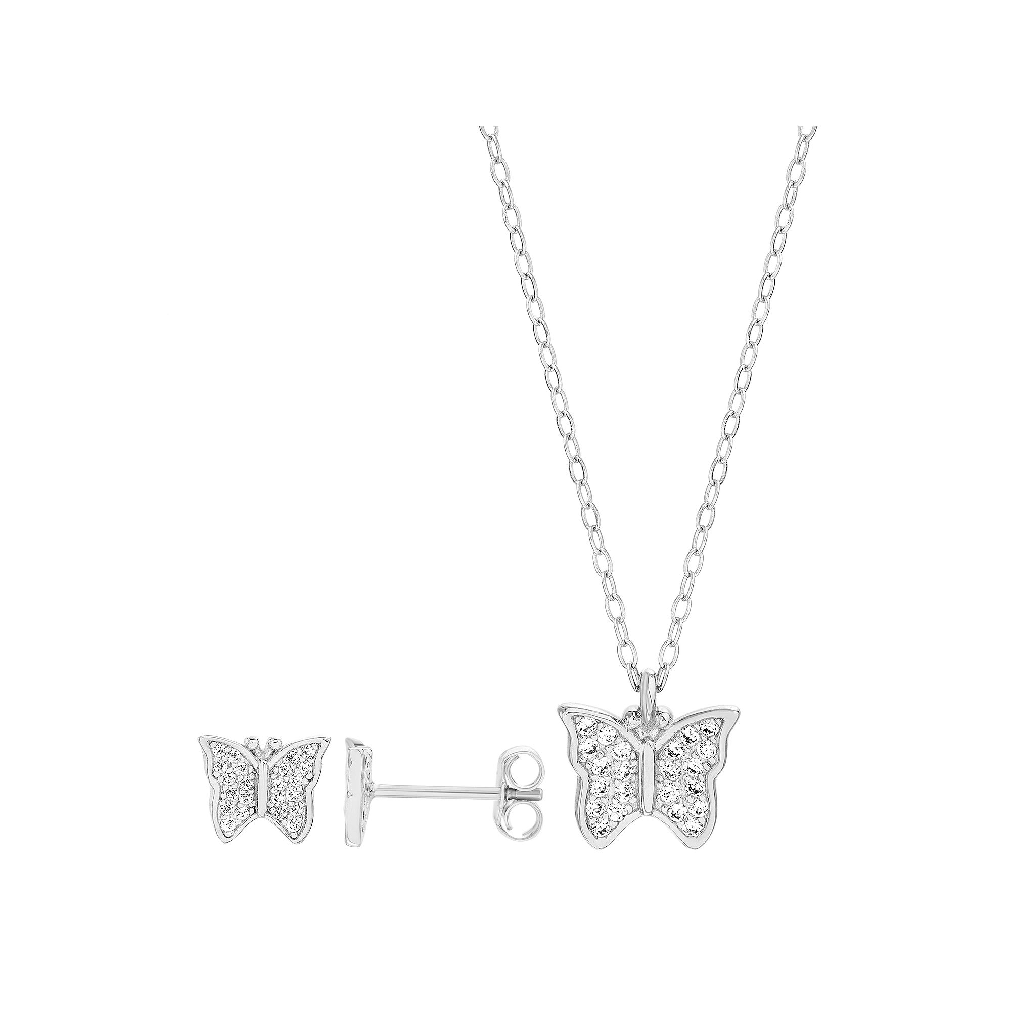 petit cheris Kids Sterling Silver Cubic Zirconia Butterfly Necklace and Ea