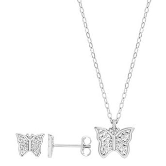 petit cheris Kids' Sterling Silver Cubic Zirconia Butterfly Necklace and Earring Set