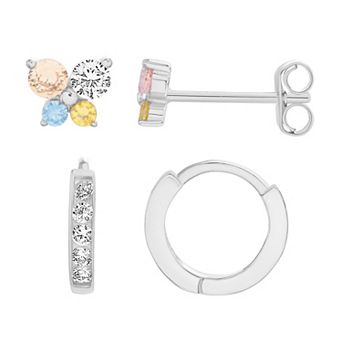 petit cheris Kids' Sterling Silver Multi Color Cubic Zirconia Butterfly Studs & Hoops Earring Duo Set
