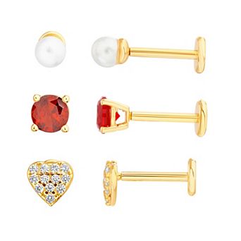 petit cheris Kids' 14k Gold Over Sterling Silver Mother of Pearl, Red Cubic Zirconia, and Pave Hearts Stud Earring Trio Set