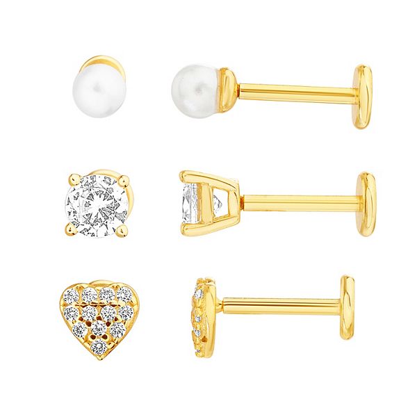 petit cheris Kids' 14k Gold Over Sterling Silver Mother of Pearl, Cubic Zirconia, and Pave Hearts Stud Earring Trio Set - Gold Tone