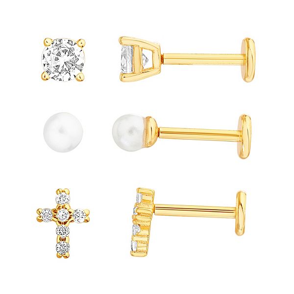 petit cheris Kids' 14k Gold Over Sterling Silver Mother of Pearl, Cubic Zirconia, and Crosses Stud Earring Trio Set - Gold Tone