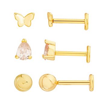 petit cheris Kids' 14k Gold Over Sterling Silver Butterfly, Cubic Zirconia, and Ball Stud Earring Trio Set