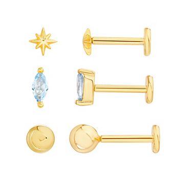 petit cheris Kids' 14k Gold Over Sterling Silver Starburst, Cubic Zirconia Marquise, and Ball Stud Earring Trio Set
