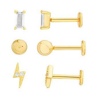 petit cheris Kids' 14k Gold Over Sterling Silver Lightening Bolts, Cubic Zirconia Baguettes, and Ball Stud Earring Trio Set
