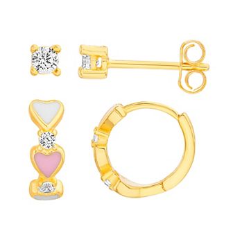 petit cheris Kids' 14k Gold Over Sterling Silver Pink & White Enamel Heart Hoops and Cubic Zirconia Studs Earring Set