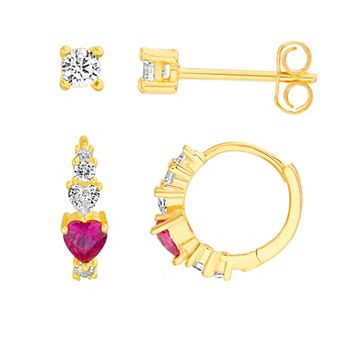 petit cheris Kids' 14k Gold Over Sterling Silver Red Cubic Zirconia Heart Hoops and Cubic Zirconia Studs Earring Set