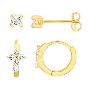 petit cheris Kids' 14k Gold Over Sterling Silver Cubic Zirconia Cross Hoops and Cubic Zirconia Studs Earring Set