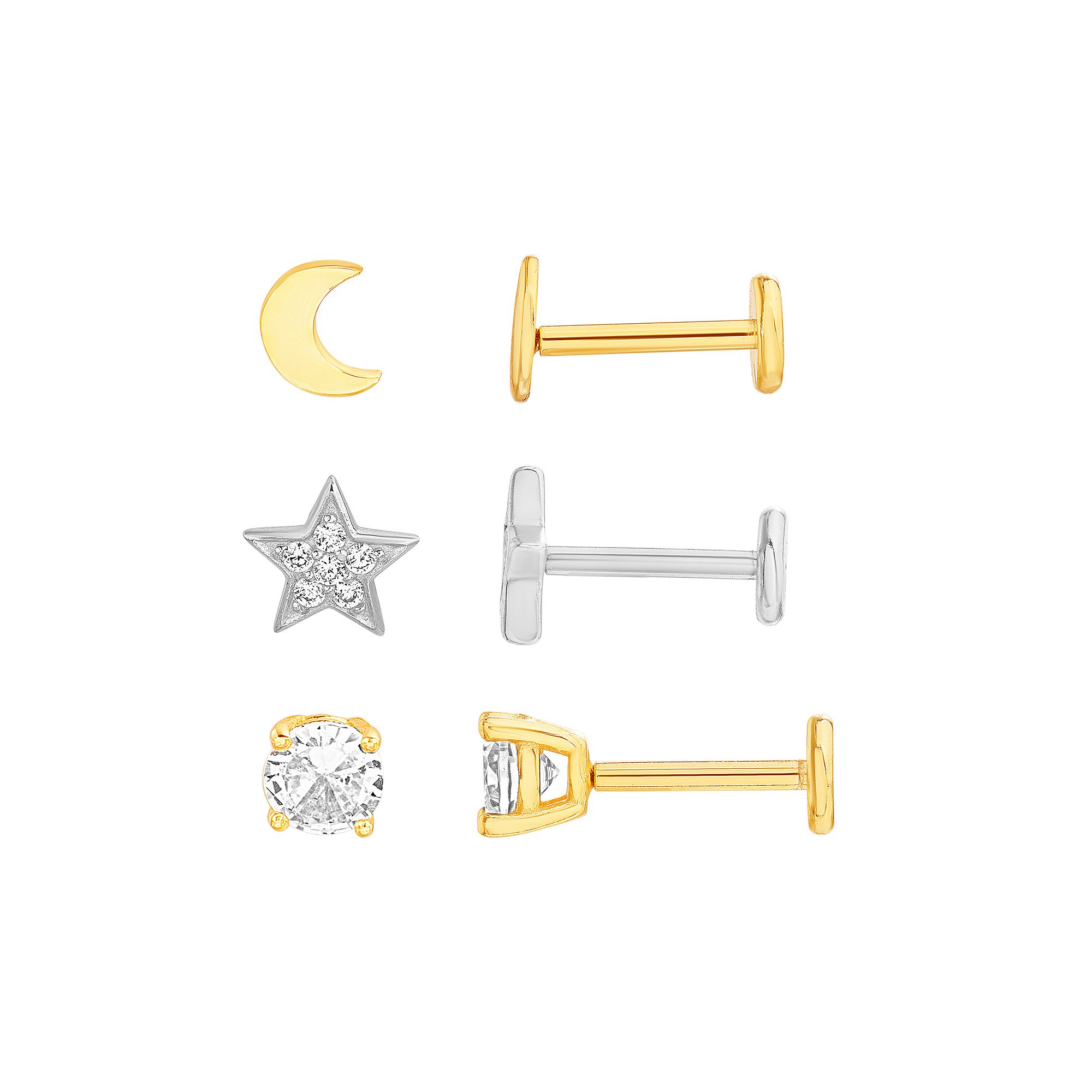petit cheris Kids Sterling Silver Two Tone Cubic Zirconia Studs, Star, and