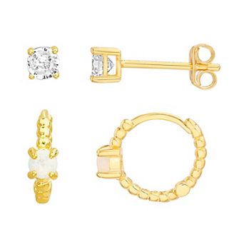 petit cheris Kids' 14k Gold Over Sterling Silver Lab Created Opal Hoops and Cubic Zirconia Stud Earrings