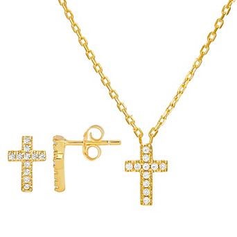 petit cheris Kids' 14k Gold Over Sterling Silver Cubic Zirconia Cross Necklace and Earring Set