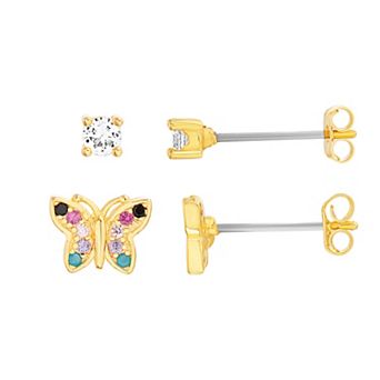 petit cheris Kids' 14k Gold Over Sterling Silver Multi Color Cubic Zirconia Butterfly Earrings and Cubic Zirconia Studs Set
